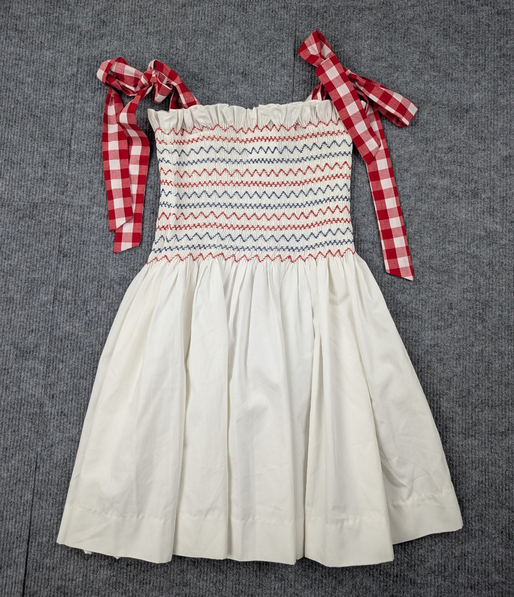 Stitchy Fish Smocked Dress Girls 8 Summer Americana Preppy Retro White Patriotic